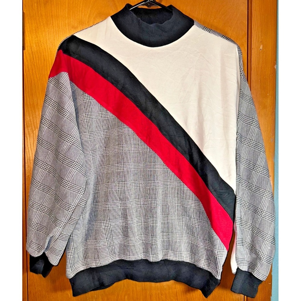 Alfred Dunner Vintage 90s Houndstooth Colorblock‎ Womens Mock Neck Sweatshirt L
